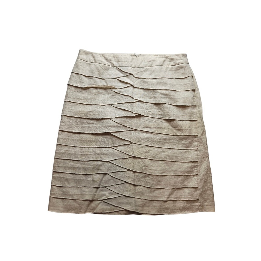 Larry Levine Beige Linen Blend Tiered Ruffle Front Knee Length Skirt Womens 10